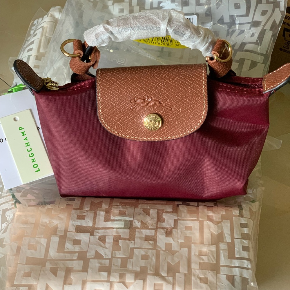Longchamp Mini Top-Handle Bag in Burgundy with Tan Trim